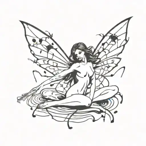 Naked Fairy With Wings Made Of Rain With Spiders