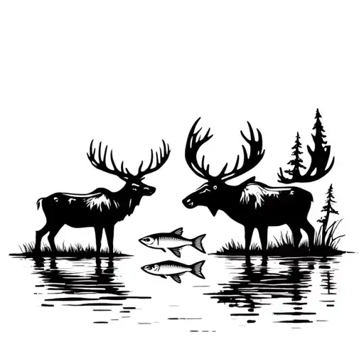 Deer And Moose Standing By River With Fish