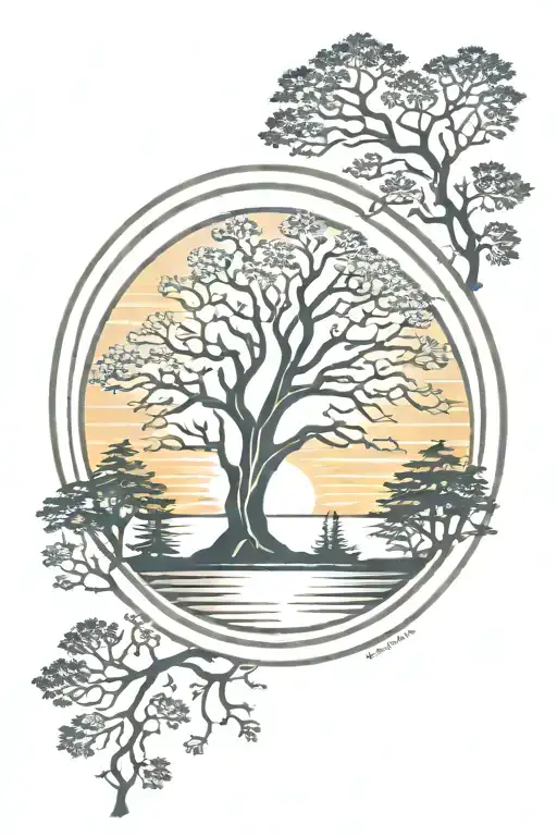 Campbell Clan Crest Using Trees Colors Sunset Over Lake