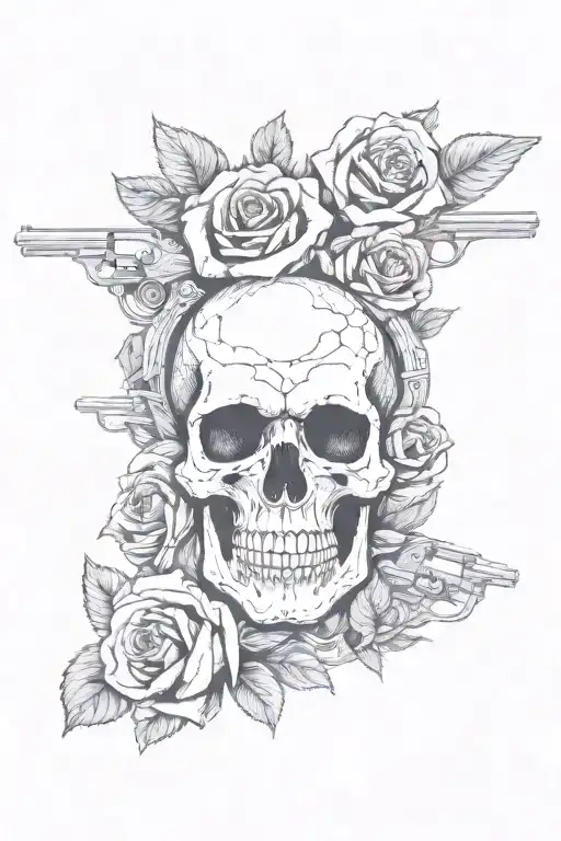 Skull With Roses Entwined With Two Old School Revolvers Crossing Behind Skull