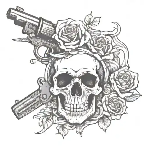 Skull With Two Old School Revolvers Crossing Be Hind It Adorned In Roses