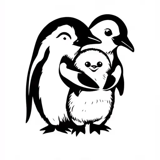 An Adult Penguin Hugging A Baby Penguin