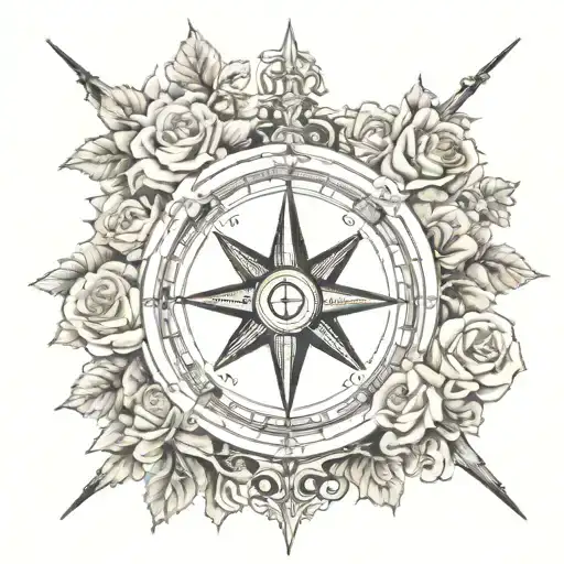 Compass With Cross In The Middle Surrounded By Roses