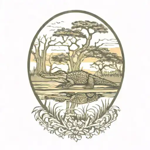 Alligator With Live Oak Tree Sunset