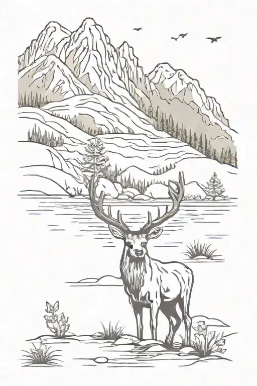 Nature Landscape With Deer And Fish And Mountains