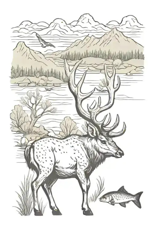 Nature Landscape With A Buck And Fish And Mountains