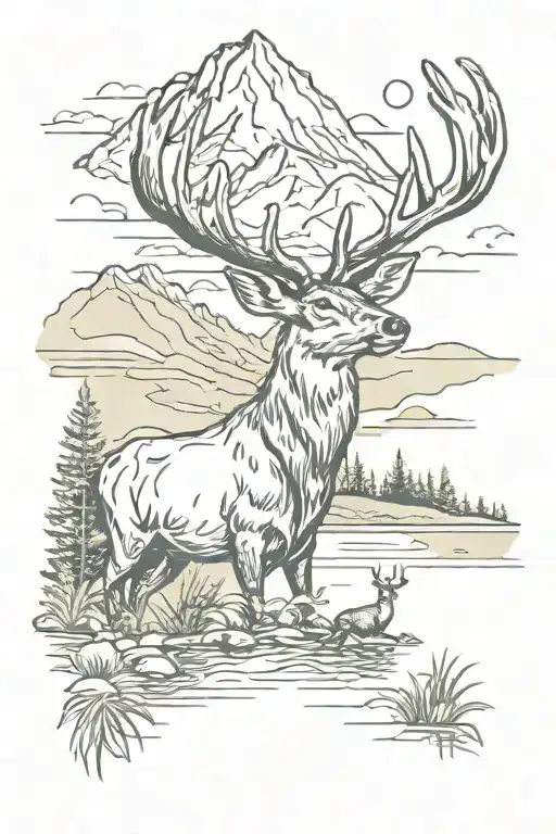 Nature Landscape With A Buck And Fish And Mountains Sun