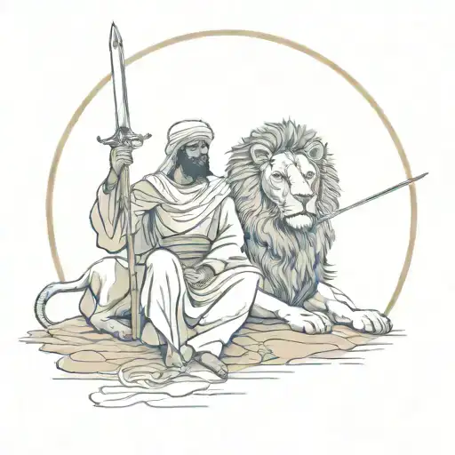 Arabic Art Traditional Arabic Guy Holding A Sword With A Lion Sitting Next To Him