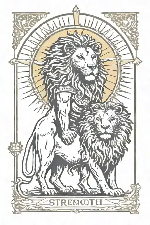 Strength Tarot Card With Woman Lion And Sun