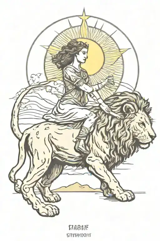 Strength Tarot Card Depicting A Woman Taming A Lion With A Sun In The Background