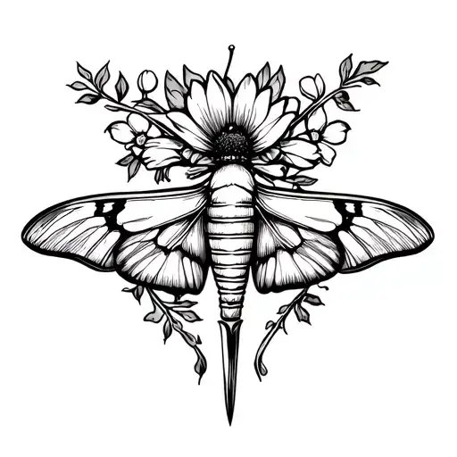 Pretty Moth In Dagger With Flower Boarder Making A V Shape At The Top