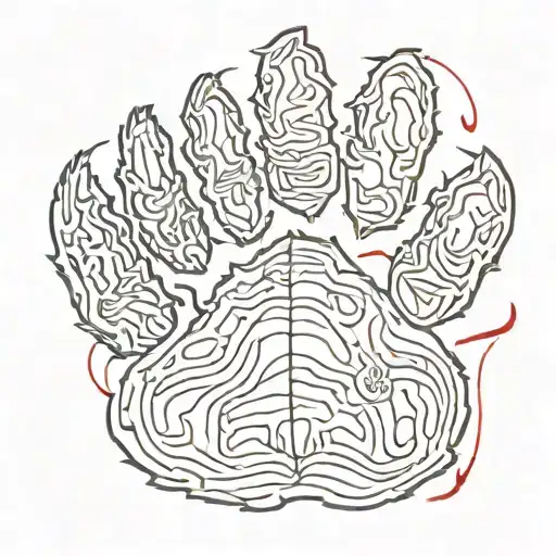 Red Ink Fine Lined Bear Paw Print With Bears Face Inside
