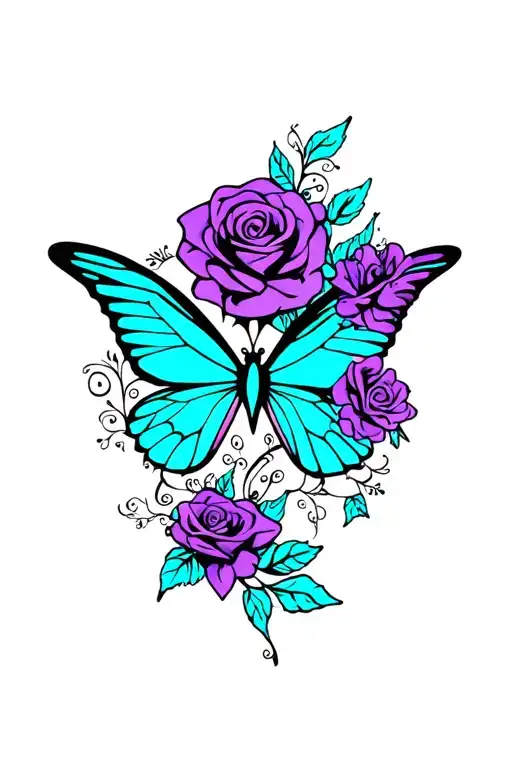 Turquoise And Purple Ribbon Roses Flower Symbol Femininity And Strong Butterfly Phoenix Bird