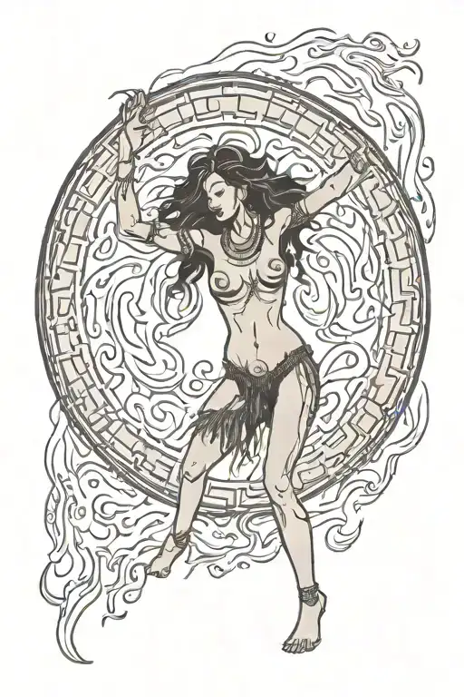 Nude Shaman Woman Dancing With A Circle Of Flames Behind Her