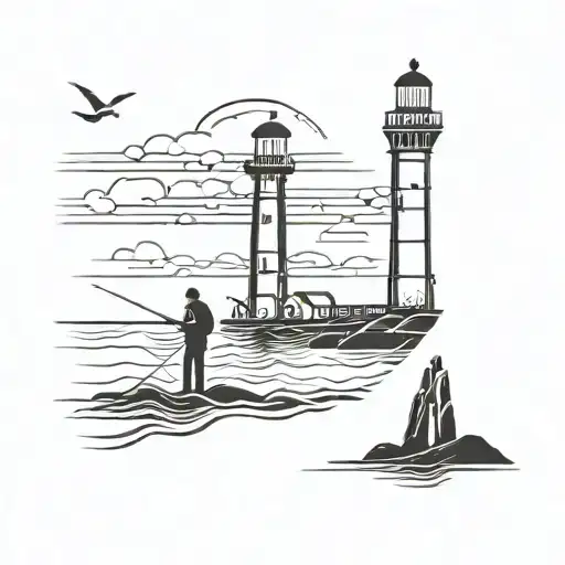 Father And Daughter Fishing Near A Lighthouse