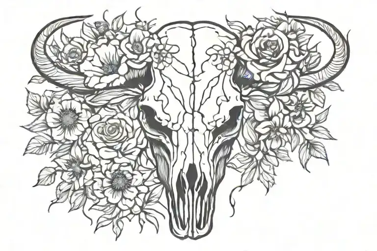 Flowers And Bull Skull Line Work