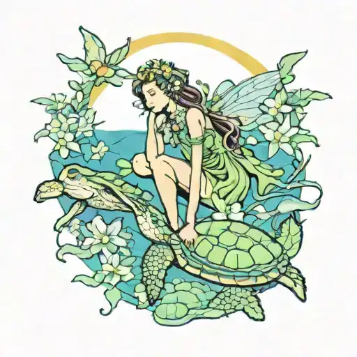 Fairy And Green Sea Turtle With A Moon And Plumerias
