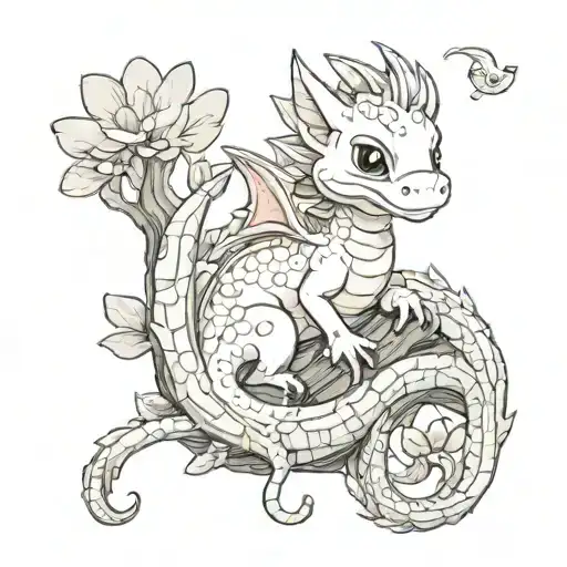 Small Cute Dragon Combined With A Fish And A Tree Trunk