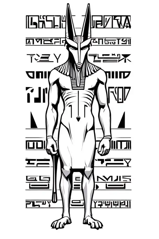 Anubis Standing With Egyptian Acronyms Behind Him