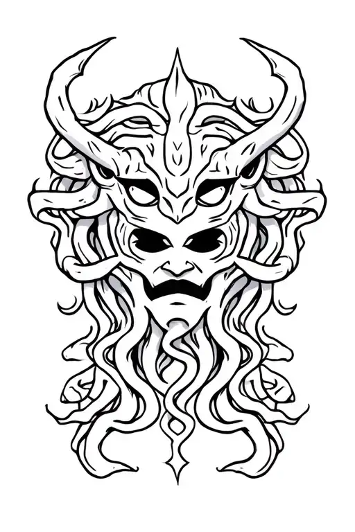 Medusa Wearing Oni Mask Surrounded