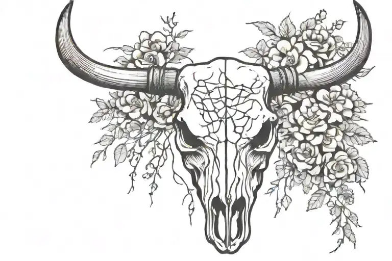 Front Facing Steer Skull With Barbed Wire Wrapped Around Horns With Flowers Inside The Barbed Wire