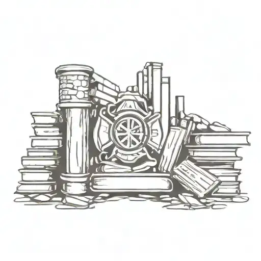 A Tattoo Featuring A Firefighter Symbol Surrounded By Ruins And Books