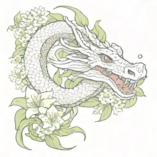 Neutral Looking Dragon Wrapping Around Lilly Flowers Together With A Snake