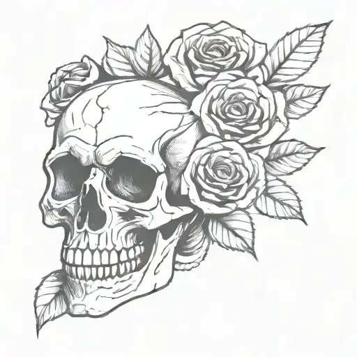 Fine Line Skull And Roses Simple