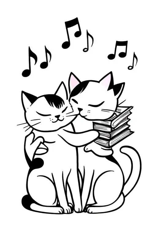 Two Cats Hugging And Something Related To Music And Books