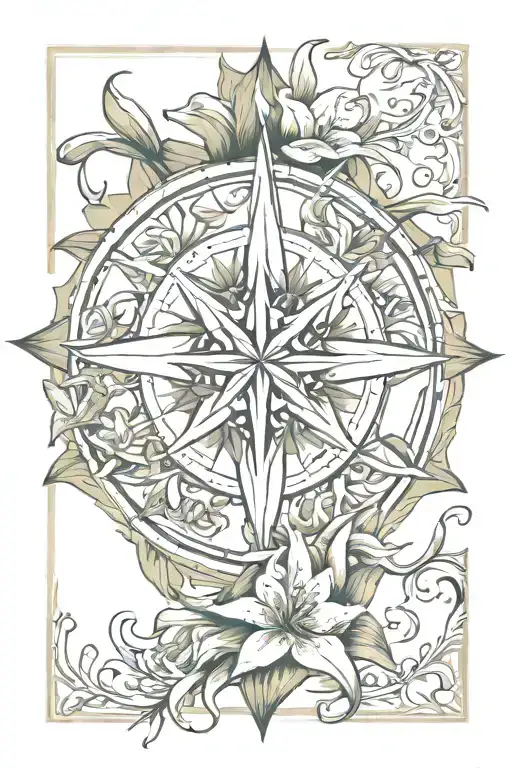 Lillies Surrounding Compass Rose Intertwined