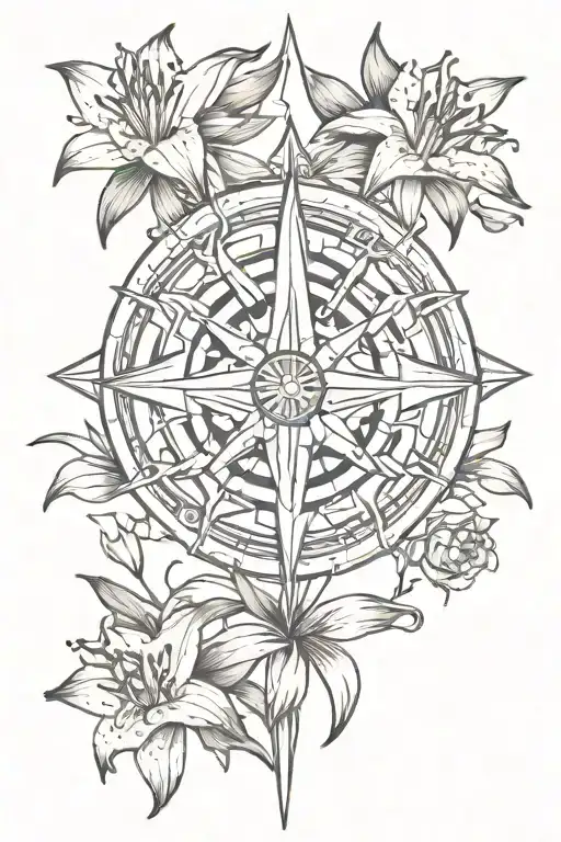 Lillies Surrounding Compass Rose Intertwined
