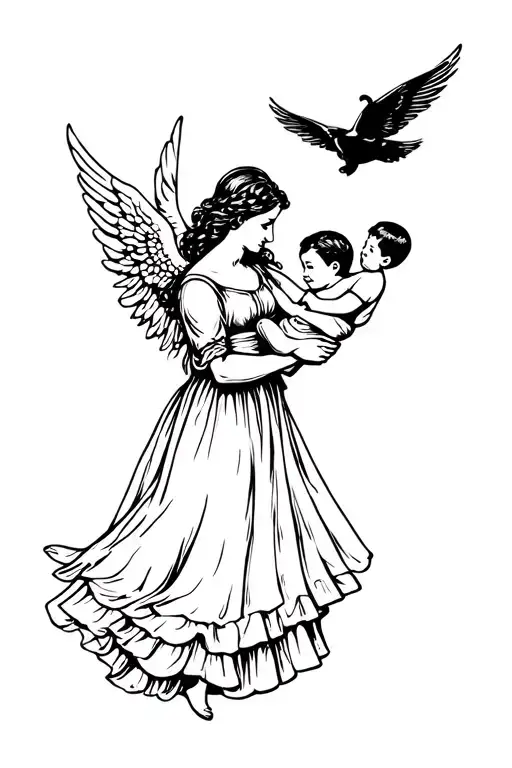 Angel In Dress Holding Baby Boy Flying