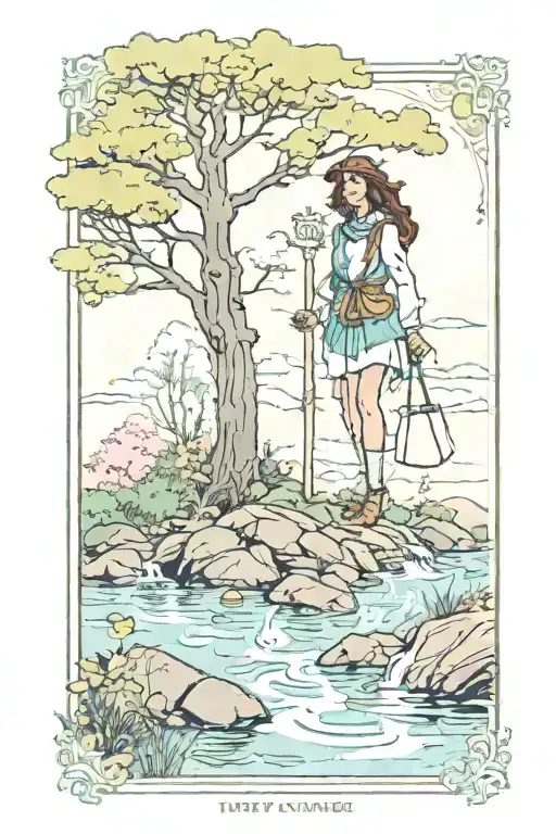 Girly Tarot Card The Adventurer With Trees And Water And A Woman Walking