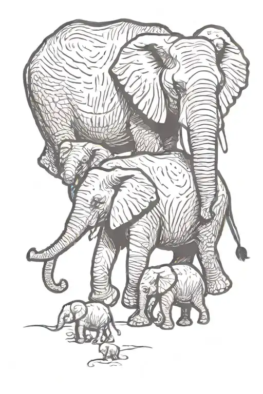 Mother Elephant Leading Three Baby Elephants Walking