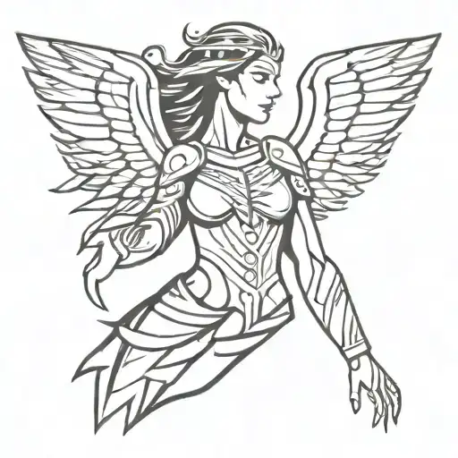 Valkyrie On Side With Wings Lines Dots Signs