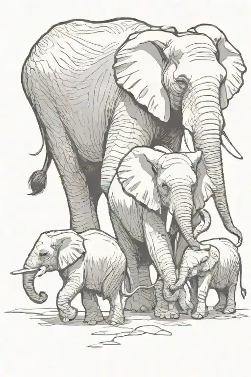 Mother Elephant Leading Three Baby Elephants Walking