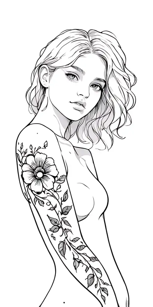 A Tattoo On Her Arm And Shoulder With A Flower Design On It And A Vine Design On The Arm And