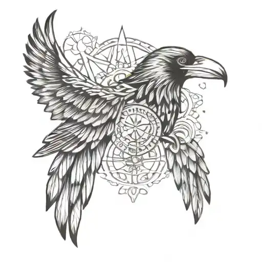 Scandinavian Tattoo On Shoulder With Raven And God
