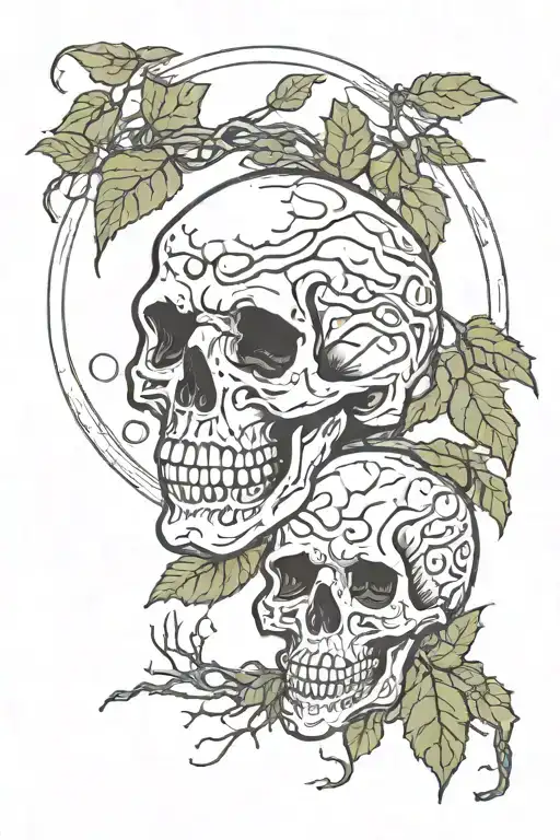 Leaves Intertwined With Skulls Facing Each Other And A Full Moon