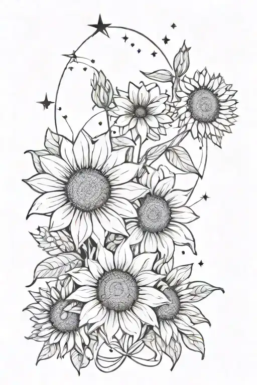 Sunflowers And Lilies With Daisies Intertwined With An Aries Constellation