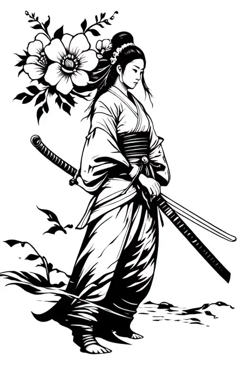 Female Samurai With A Sword And Flowers Around Her