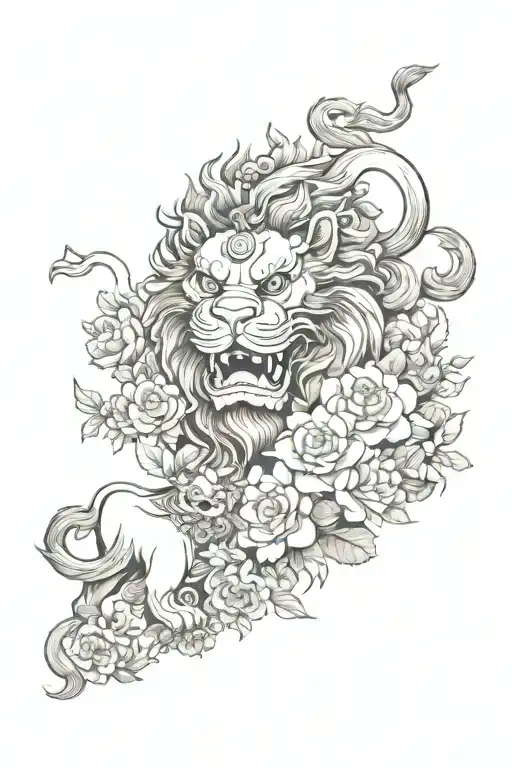 Flower And Chinese Lion
