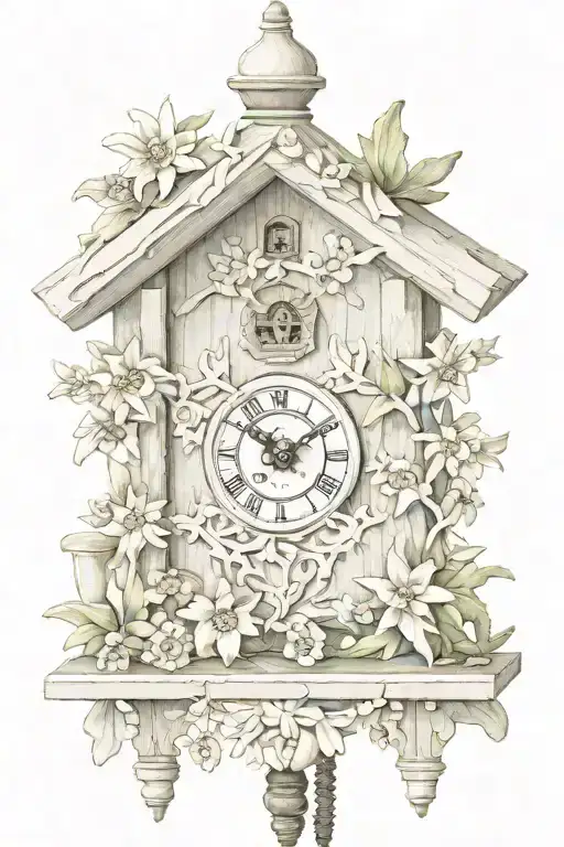German Cuckoo Clock With Edelweiss Flowers Surrounding Delicate