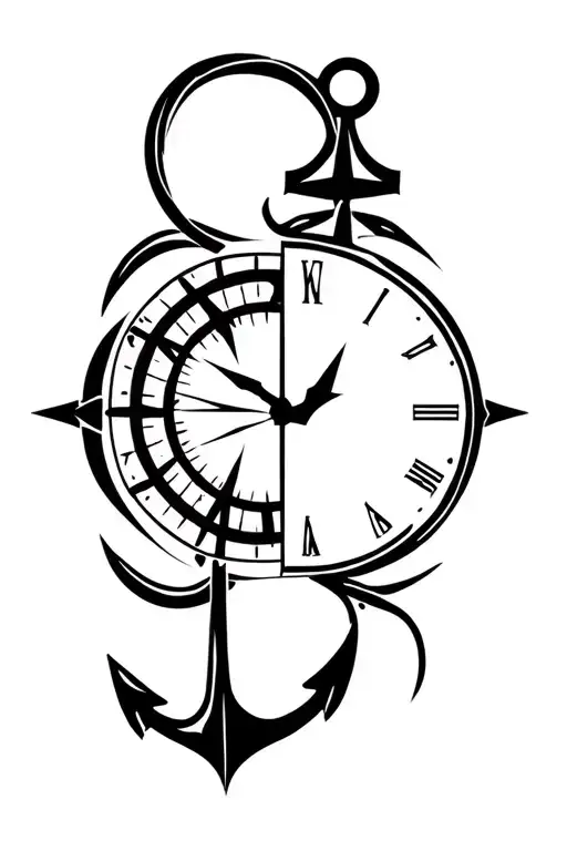 Half Clock And Half Compass With An Anchor Connected