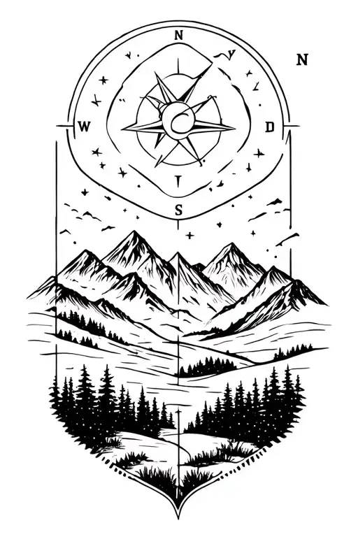 Moutains And Forrest And Milky Way With 8 Pointed Compass