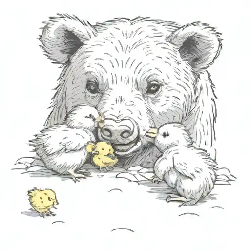2 Baby Chicks And A Baby Bear Playing