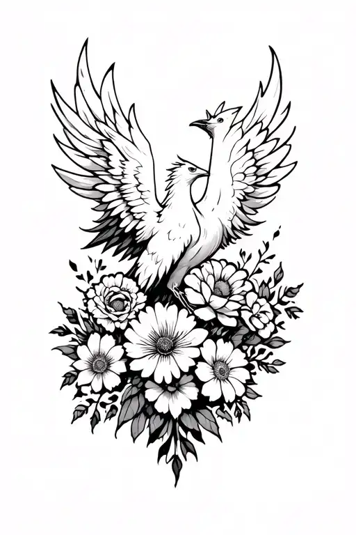Phoenix Rising From Ashes With 8 Different Flowers As A Forearm