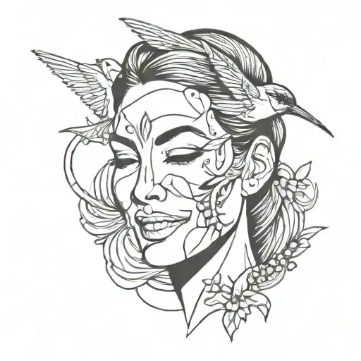 Girl Face Removing Smiling Face Removing A Mask With Hummingbird Hovering