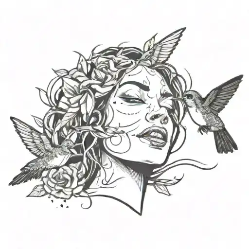 Girl Face Removing Smiling Face Taking Off A Mask With Hummingbird Hovering Around