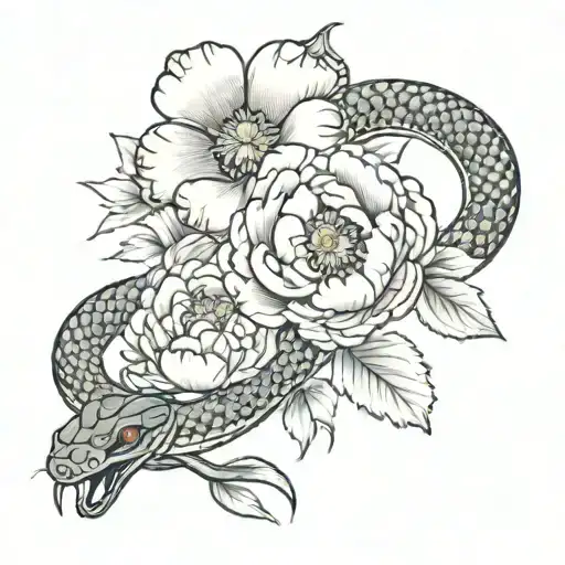 Japanese Snake With Peonies Flower